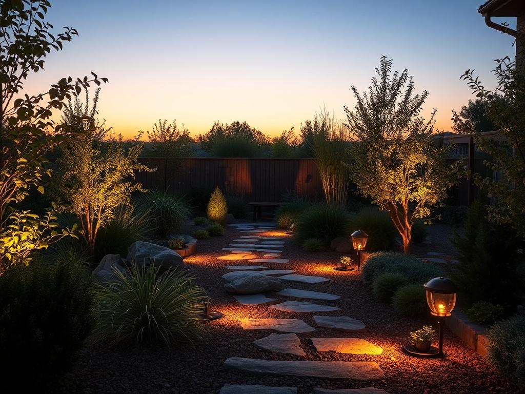 A beautifully landscaped garden at dusk, featuring strategically placed landscape lights illuminating plants and pathways. The scene shows a tranquil outdoor space with soft lighting creating a warm and inviting atmosphere. The background should include a subtle sunset sky, enhancing the natural beauty of the garden while highlighting the lighting design.