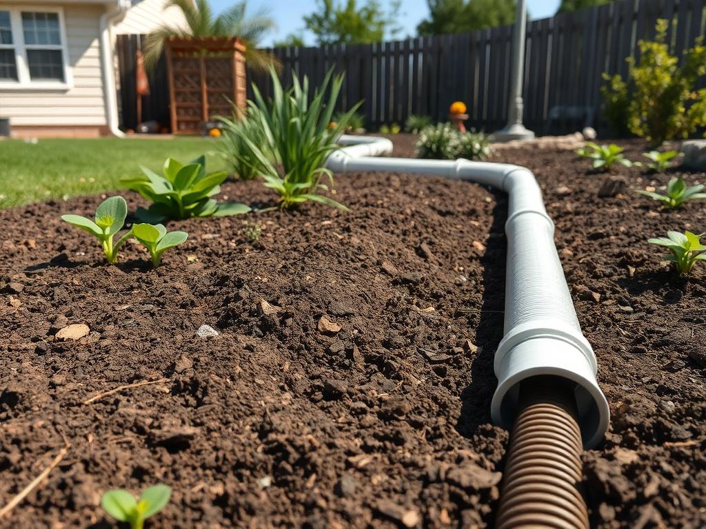A high-resolution photo showcasing a well-designed drainage system in a residential backyard. The image displays a series of drainage pipes and channels cleverly integrated into the landscape, surrounded by rich soil and healthy plants. The setting is sunny, highlighting the importance of effective drainage in maintaining a beautiful garden. The photo emphasizes the functionality of the drainage system and its role in landscape preservation.