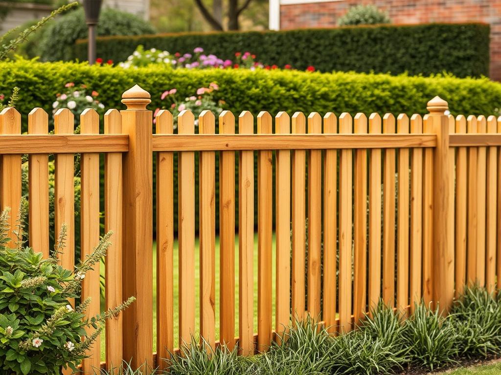 A stunning high-resolution image of a newly installed wooden fence surrounding a lush garden. The fence is sturdy and well-crafted, complementing the surrounding greenery. In the background, you can see colorful flowers and neatly trimmed hedges, creating a warm and inviting atmosphere. The image captures the elegance of the fencing solution while showcasing its practical benefits for privacy and security.