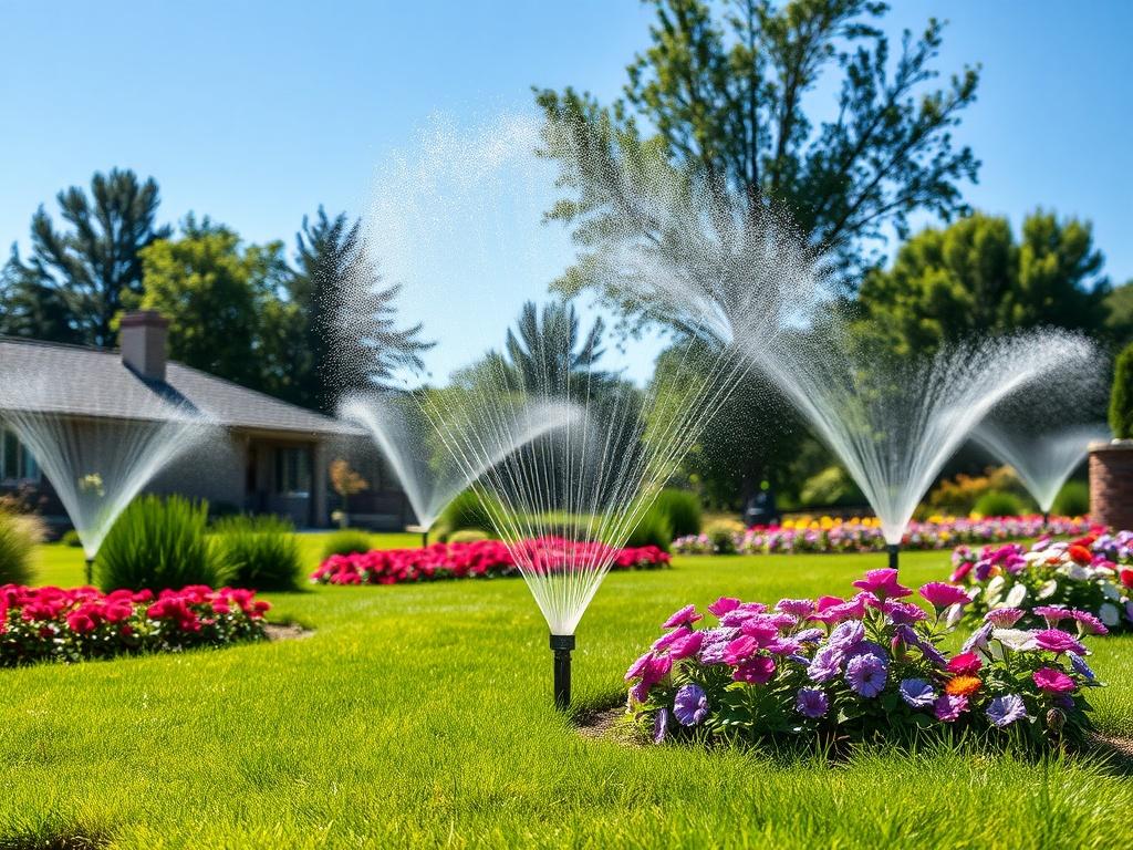 A realistic high-resolution photo of a beautifully landscaped garden featuring a modern irrigation system. The image shows sprinklers in action, watering lush green grass and vibrant flower beds. The background includes trees and a clear blue sky, creating a serene and refreshing atmosphere. The focus is on the irrigation system, highlighting its efficiency and integration with the landscape.