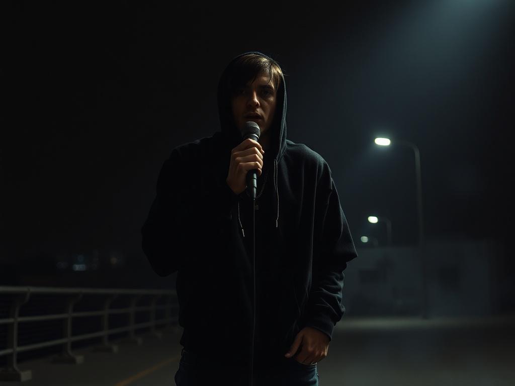 A solitary emo rap artist stands under dramatic lighting, holding