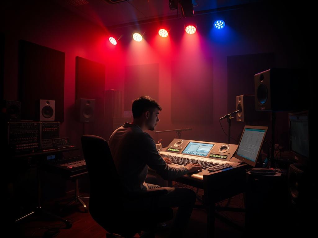 An artistic shot of a recording studio, with a young