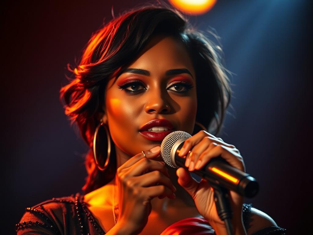 A portrait of a female R&B singer with a soulful