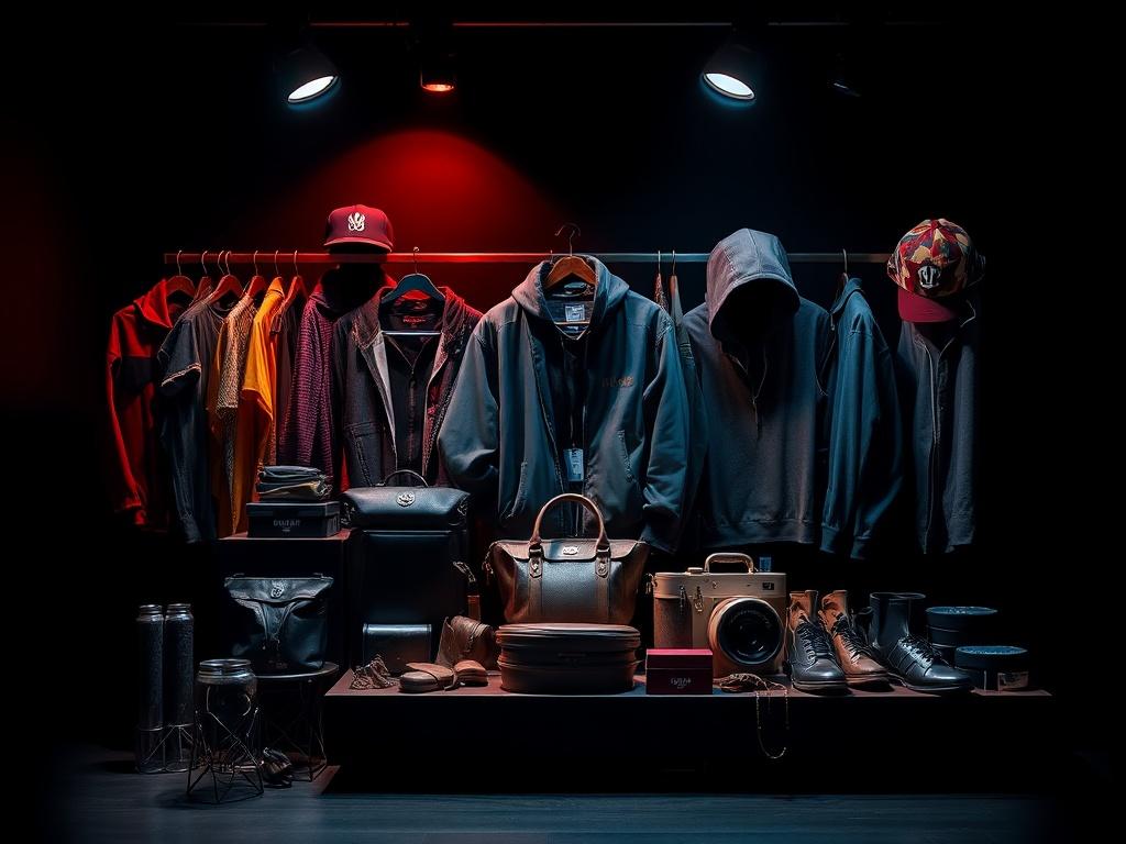 A high resolution image showcasing an array of exclusive merchandise