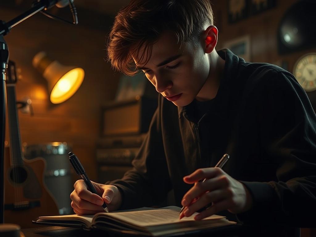 A close up of a young artist deeply focused on