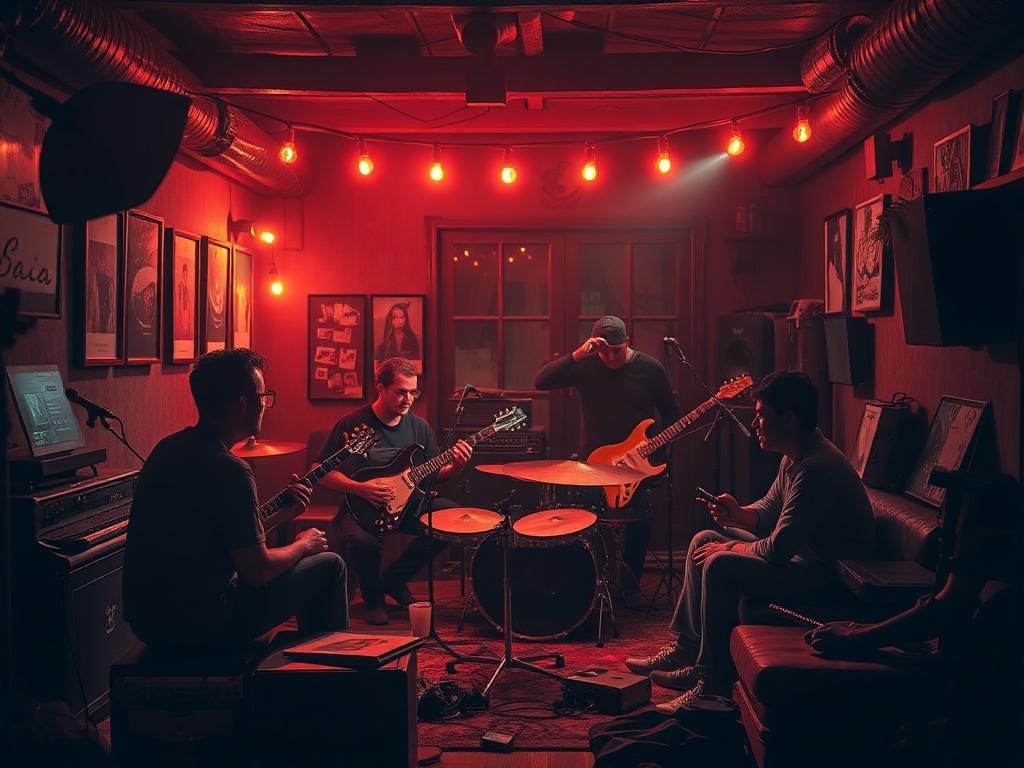 A cozy setting with a group of musicians and artists