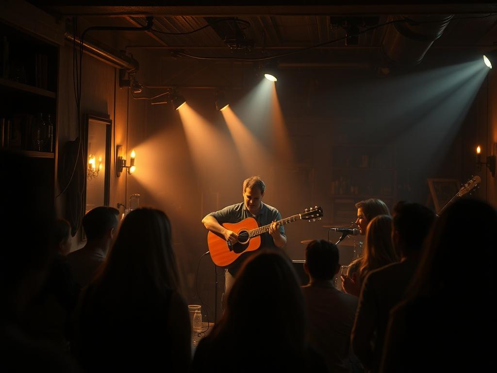 An intimate setting with a small audience gathered around an