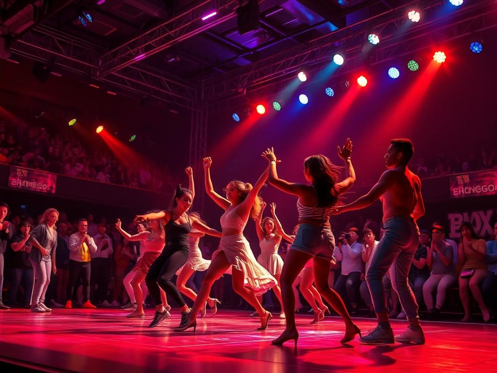 A vibrant dance competition scene featuring enthusiastic dancers showcasing their