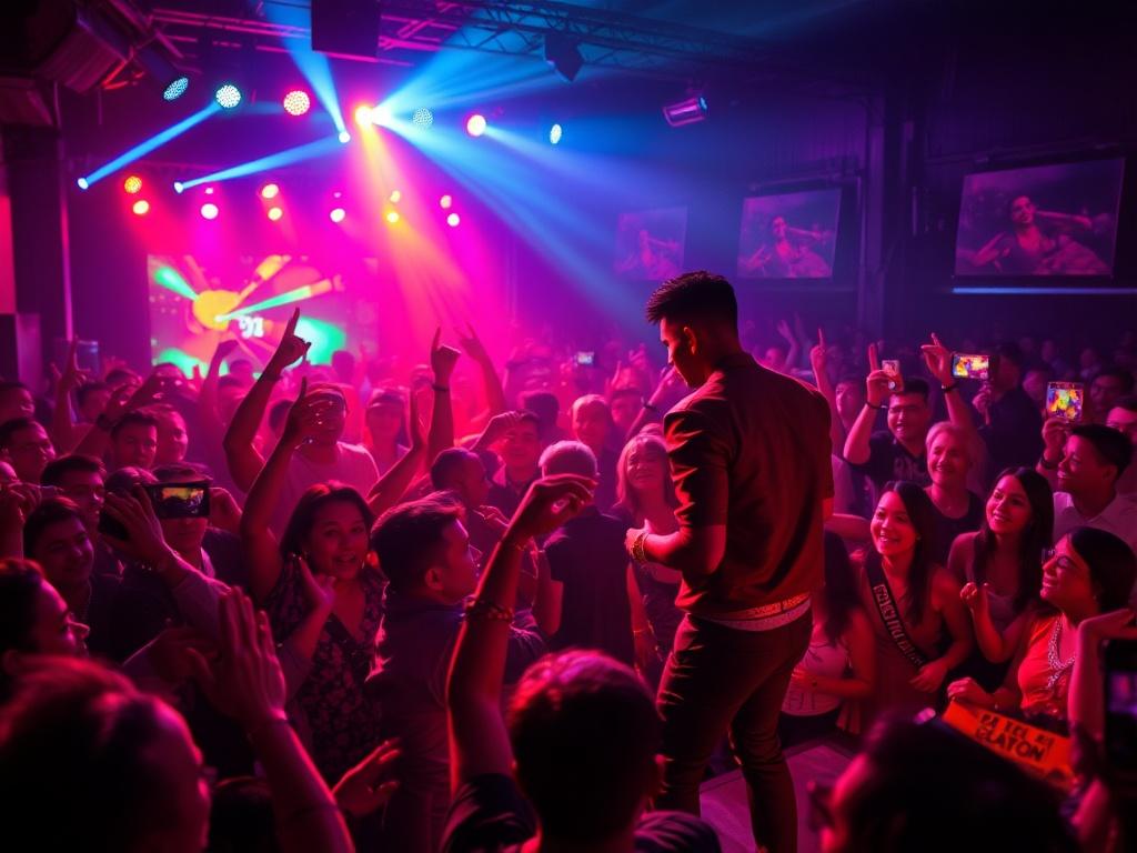 A vibrant music release party scene with a lively crowd,