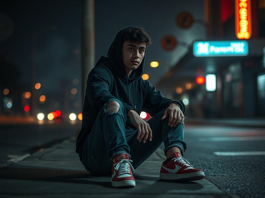 Create a realistic high-resolution photo that captures the essence of the blog titled "Exploring Emo Rap and R&B." The focal point of the image should be a contemplative artist, a young person with expressive features, sitting alone on a dimly lit street corner at night. The artist should be wearing a stylish, casual outfit that reflects the emo rap aesthetic, such as a fitted black hoodie, distressed jeans, and vibrant sneakers. 

Surround them with deep shadows and soft, dramatic lighting that creates an 