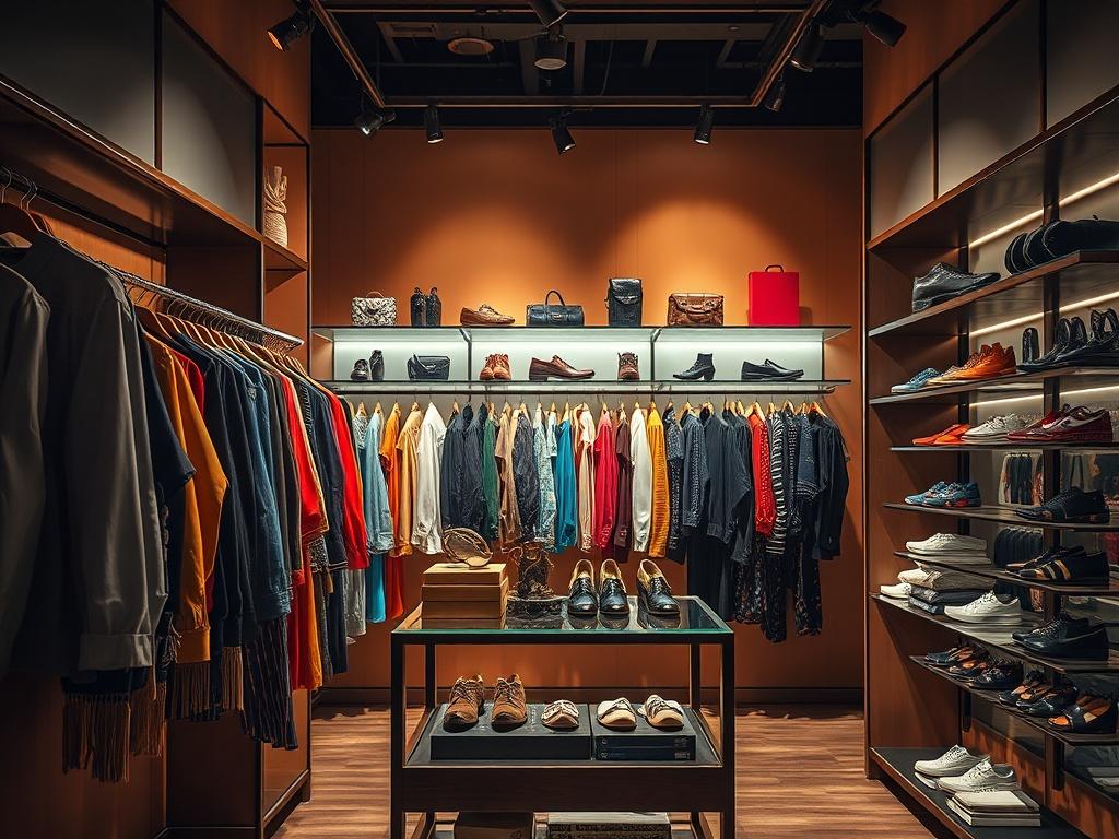 A high-resolution photo showcasing a stylish boutique display featuring an array of trendy clothing on hangers, fashionable footwear displayed on shelves, and eye-catching phone accessories in a well-lit, inviting atmosphere. The composition should center on the boutique's vibrant offerings, showcasing rich colors and textures that highlight the latest fashion trends, set against a warm, welcoming background.