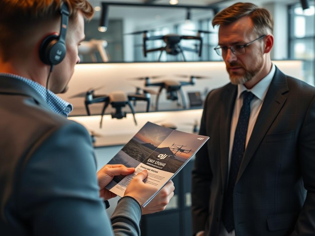 A high-resolution close-up shot of a professional consultant discussing drone options with a client in an office setting, featuring DJI drones on display in the background. The consultant is showing a drone brochure to the client, with a modern office environment that reflects a professional atmosphere.