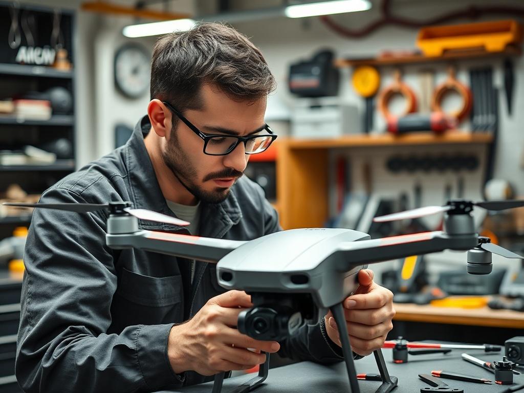 A high-resolution close-up shot of a technician performing maintenance on a DJI drone in a well-equipped workshop. The technician is focused on inspecting the drone with tools and parts neatly organized around them, emphasizing professionalism and attention to detail.