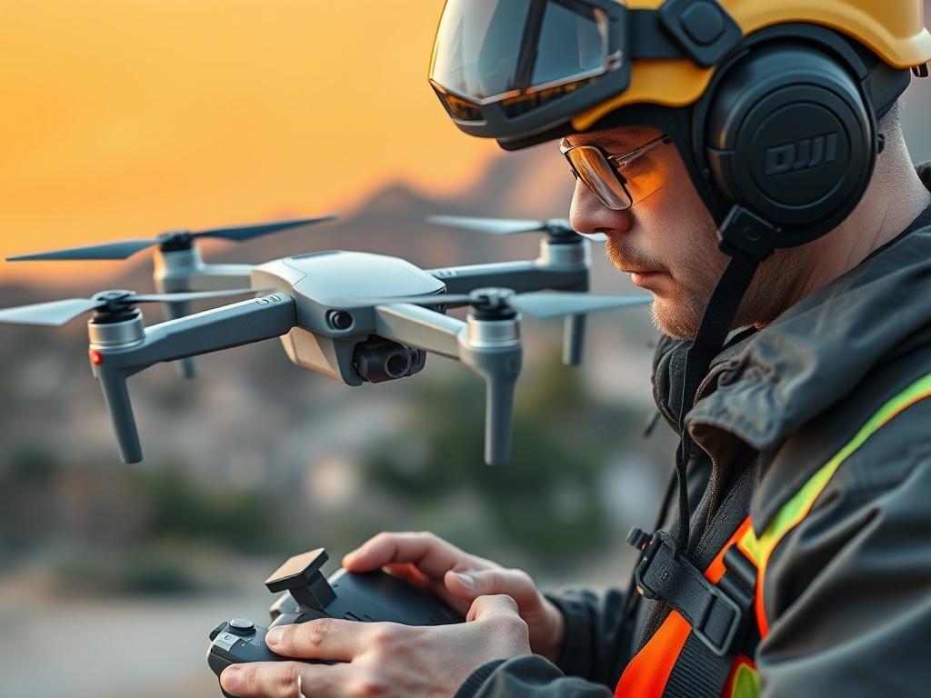A high-resolution close-up shot of a professional drone pilot operating a DJI drone in an outdoor setting. The pilot is wearing safety gear and concentrating on the drone's controls, showcasing a vibrant landscape in the background, emphasizing the excitement of aerial operations.