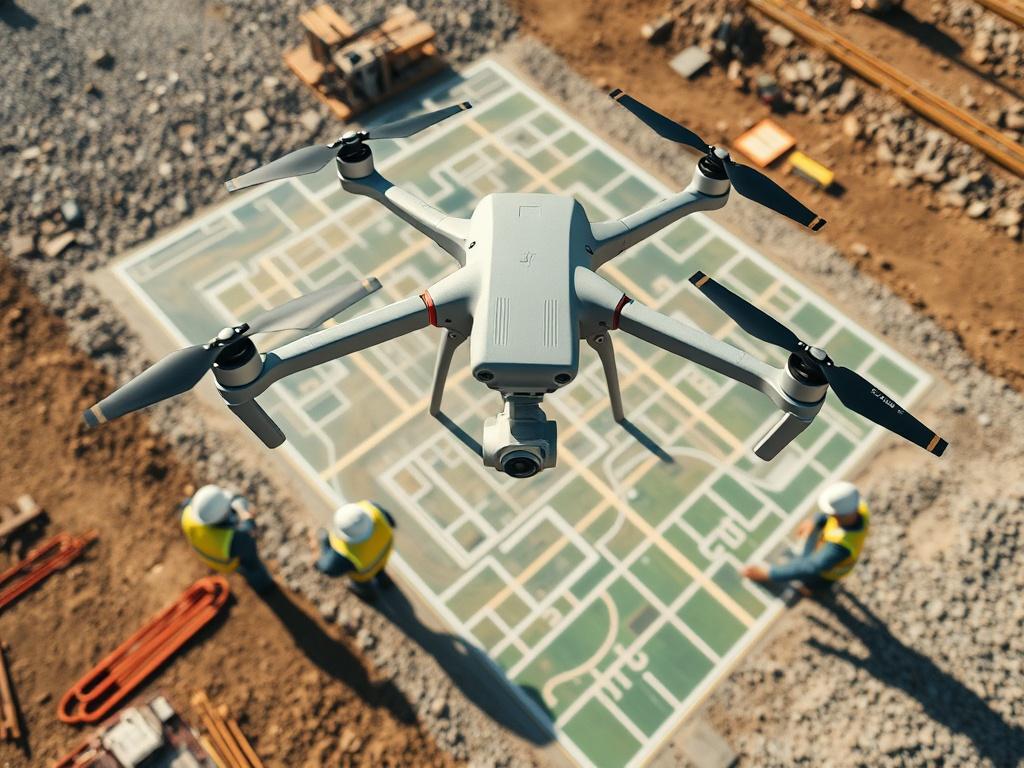 Aerial view of a construction site with a DJI drone capturing data. The scene includes workers on-site with surveying equipment and a clear representation of the area being mapped, all under a bright sky. The image should showcase the drone in action, focusing on the synergy between technology and construction. Captured with a 45mm f/1.2 lens.