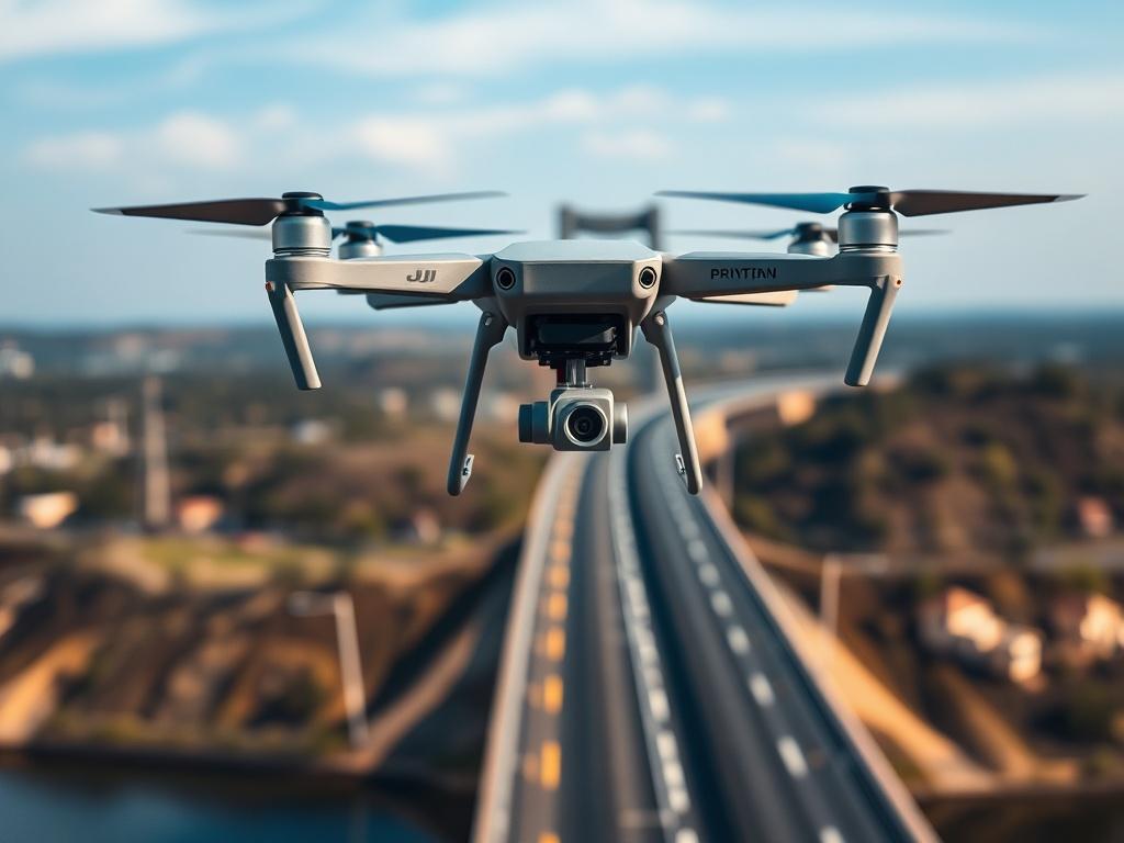 A DJI drone inspecting a bridge from above, capturing detailed images of its structure. The background shows a clear view of the surrounding landscape, emphasizing the effectiveness of aerial inspections. The image is focused on the drone and the bridge, highlighting the importance of safety and maintenance. Captured with a 45mm f/1.2 lens.