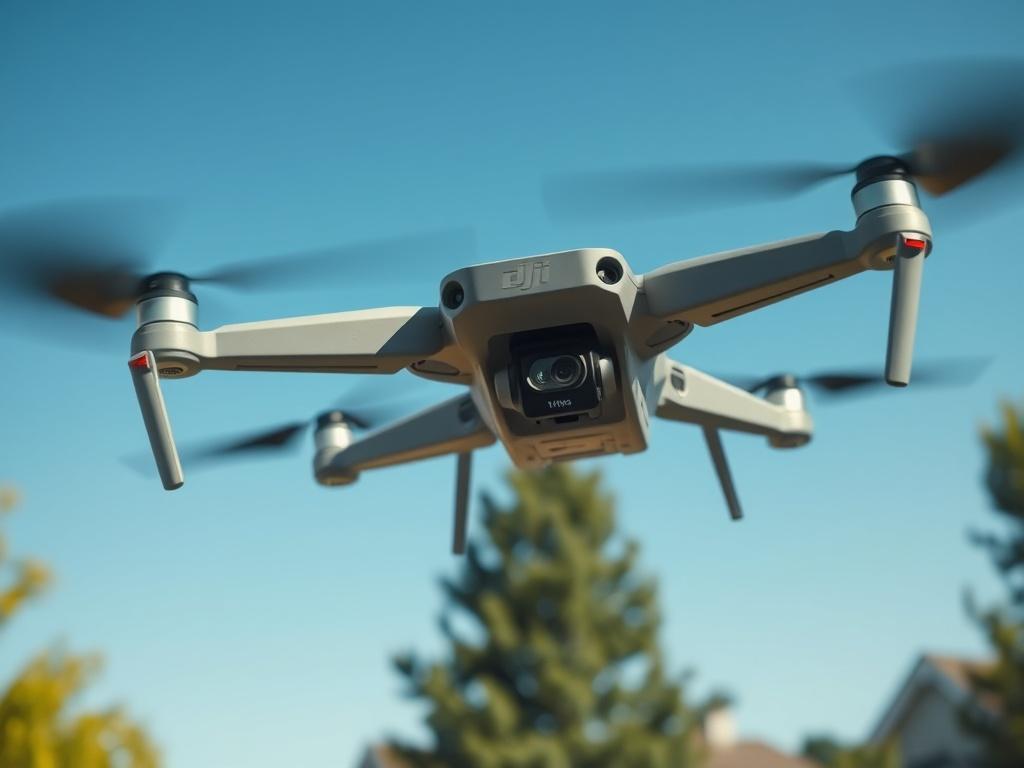 A close-up shot of a DJI drone equipped with high-definition cameras, soaring above a residential area. The background shows a clear blue sky and green trees, emphasizing the drone's aerial surveillance capabilities. The focus is on the drone in action, with a vibrant and realistic representation, captured with a 45mm f/1.2 lens.