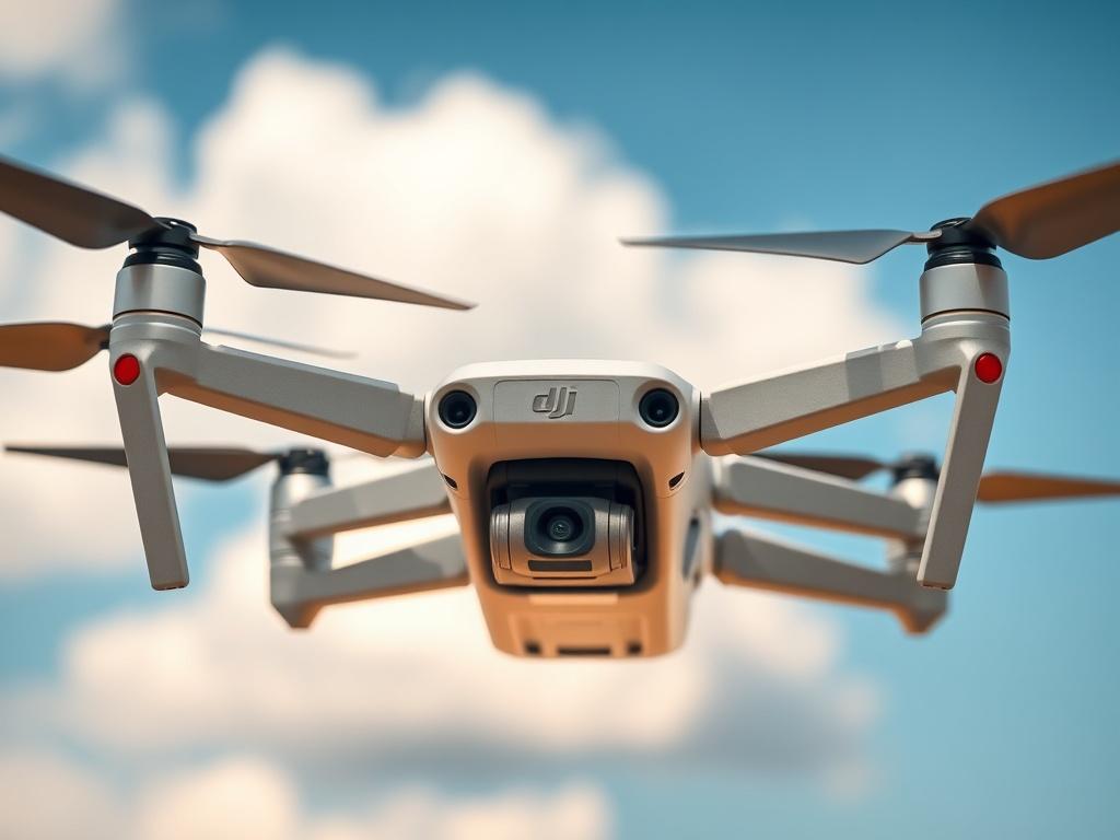 A high-resolution close-up photo of a DJI drone in an outdoor setting, showcasing its advanced features. The background should be a clear blue sky with a few fluffy clouds, emphasizing the drone's capability for aerial photography and videography. The image should be vibrant and engaging, capturing the essence of modern drone technology.