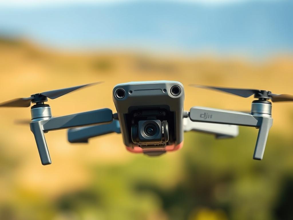 A close-up shot of the DJI Mini 3 Pro drone, showcasing its sleek design and camera features. The background is a blurred natural landscape, emphasizing the drone's compactness and portability, with vibrant green hues to match the primary color scheme.