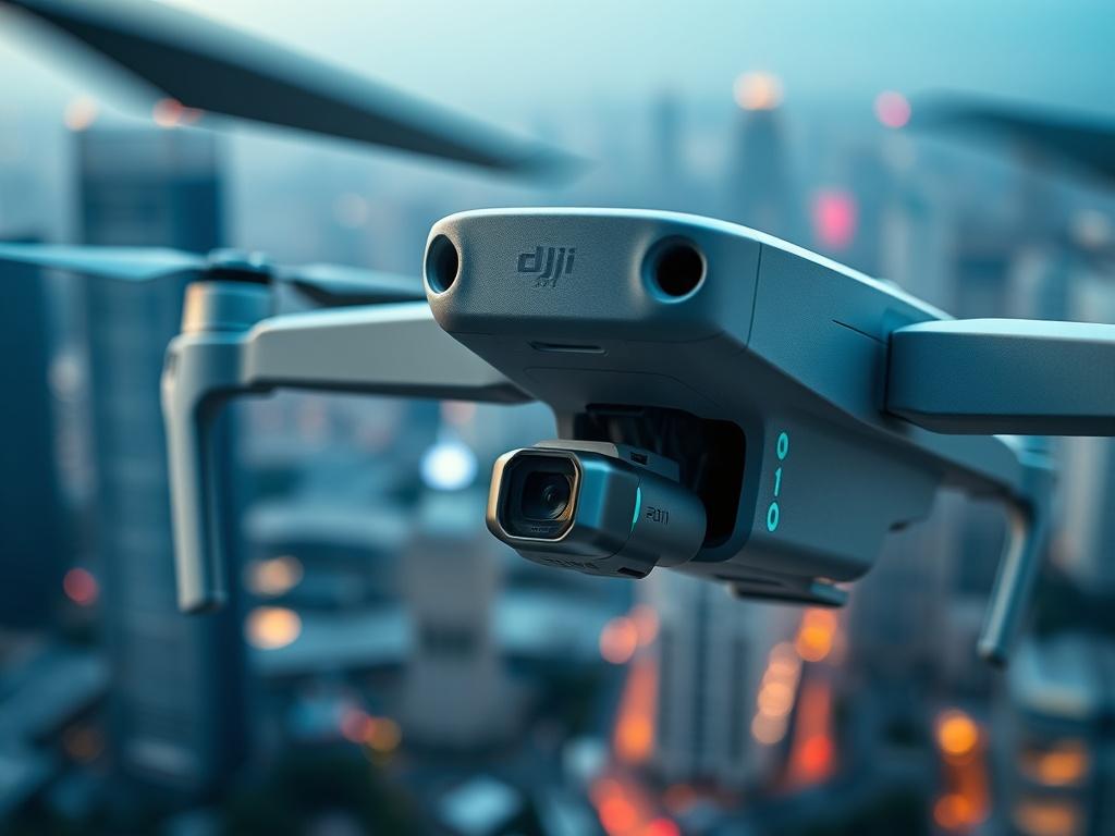 A close-up image of the DJI Air 2S drone, highlighting its advanced camera and sleek design. The background features a soft-focus cityscape, demonstrating its professional capabilities. The colors should be vibrant and engaging, with a hint of green to align with the primary color.