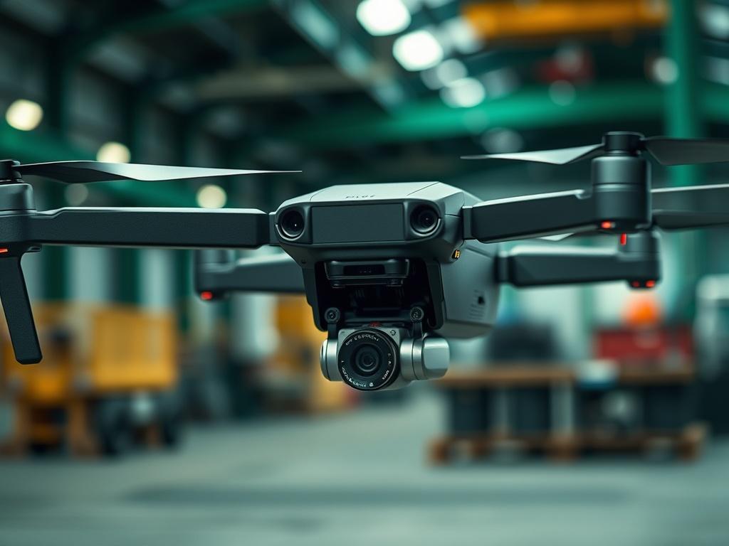 A close-up shot of the DJI Matrice 300 RTK drone, emphasizing its rugged design and advanced technology. The background should be a blurred industrial setting, reflecting its industrial capabilities. The image should feature a palette that includes green tones.