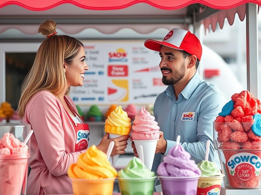 A friendly SnowCo team member discussing event details with a client at the snow cone stall, surrounded by colorful snow cone flavors. The scene conveys a sense of collaboration and excitement.