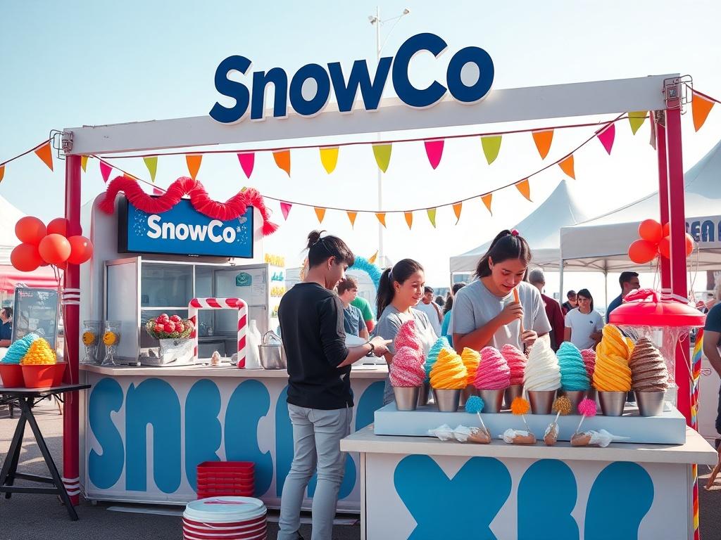 A vibrant SnowCo stall being set up at an event, with team members arranging colorful snow cones and decorations. The image captures the lively atmosphere and preparation for the event.