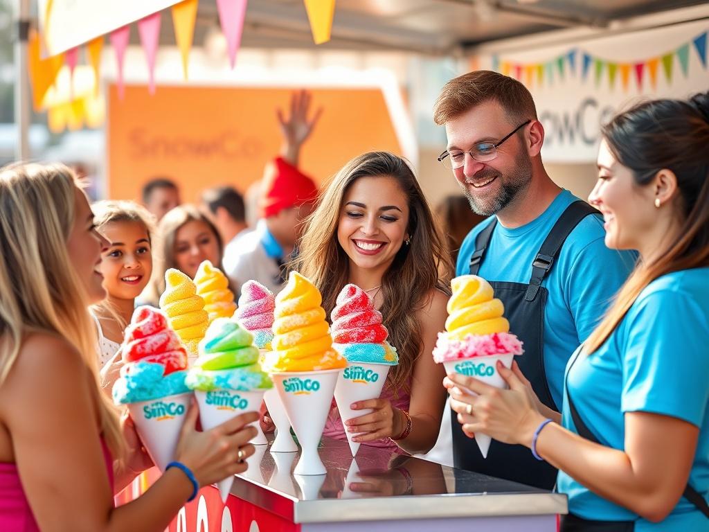 Smiling customers enjoying colorful snow cones at an event, with SnowCo team members serving them. The scene radiates joy and excitement, showcasing the fun of the event.