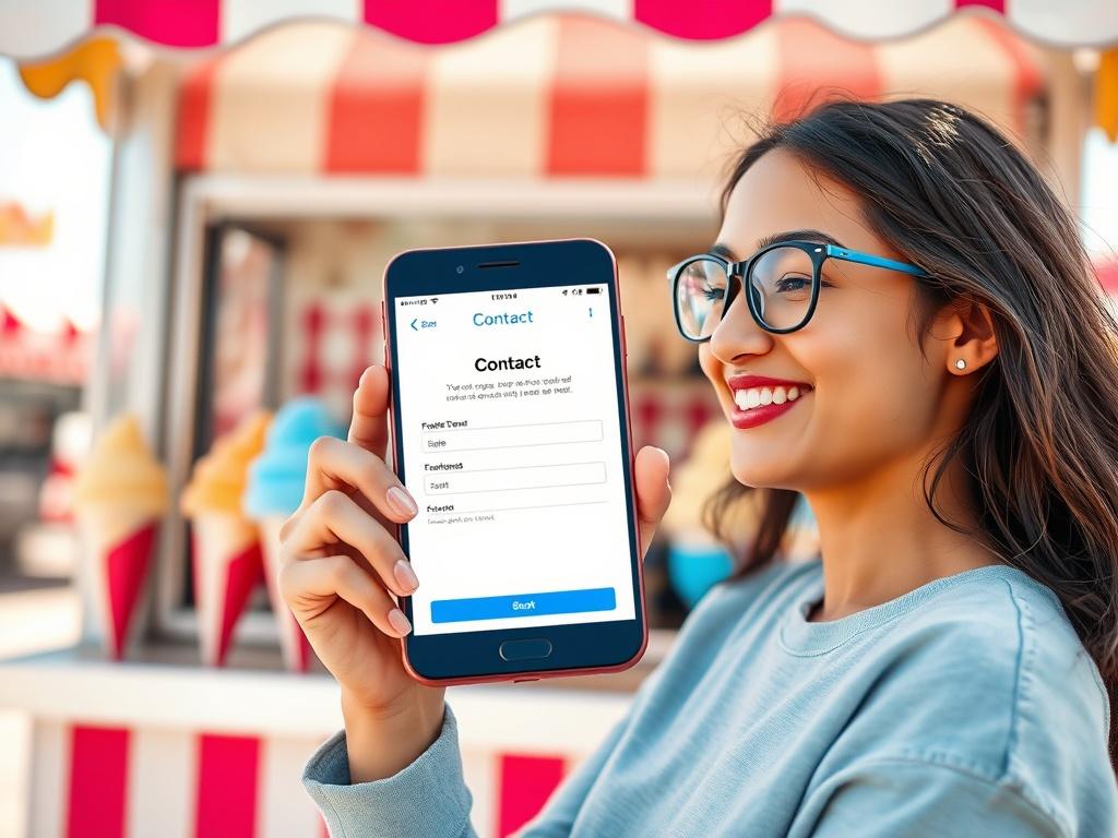 A cheerful person filling out a contact form on a mobile device, against a bright backdrop of a snow cone stall. The image emphasizes the simplicity of the inquiry process, with vibrant colors and clean lines.