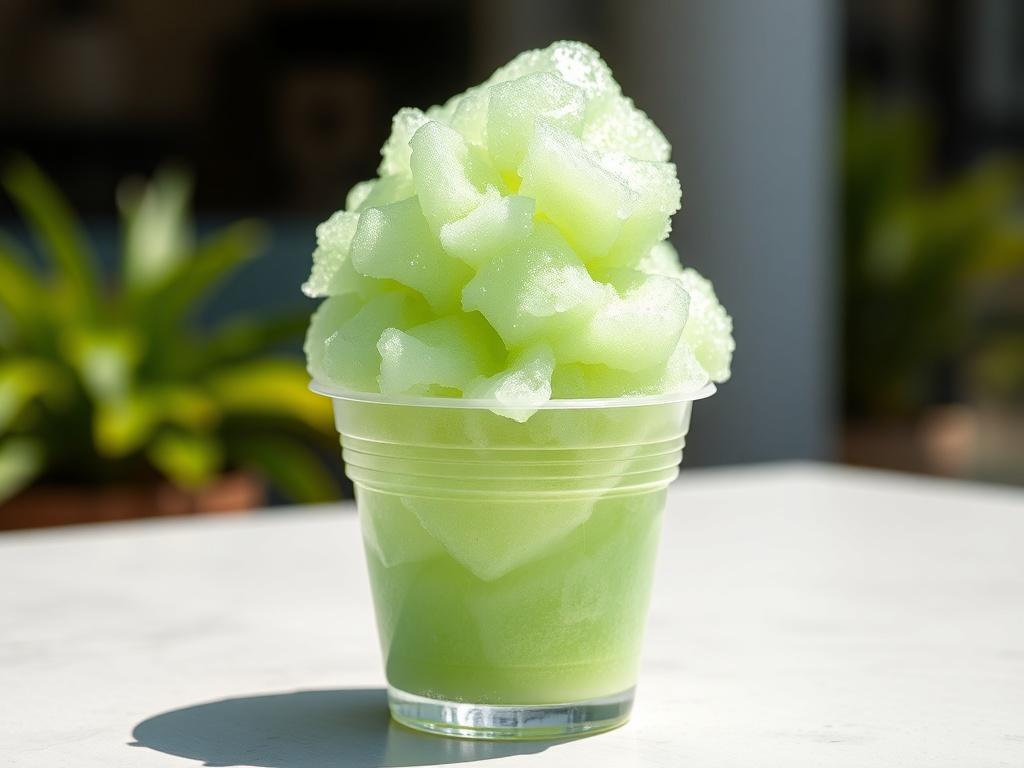 A realistic high-resolution photo of a vibrant green apple snow cone served in a clear plastic cup. The snow cone should be piled high, showcasing the fluffy, finely shaved ice glistening in the sunlight. The background should be a simple outdoor setting, perhaps with a hint of greenery, to emphasize the refreshing nature of the treat. The focus should be solely on the snow cone, highlighting its bright color and texture.