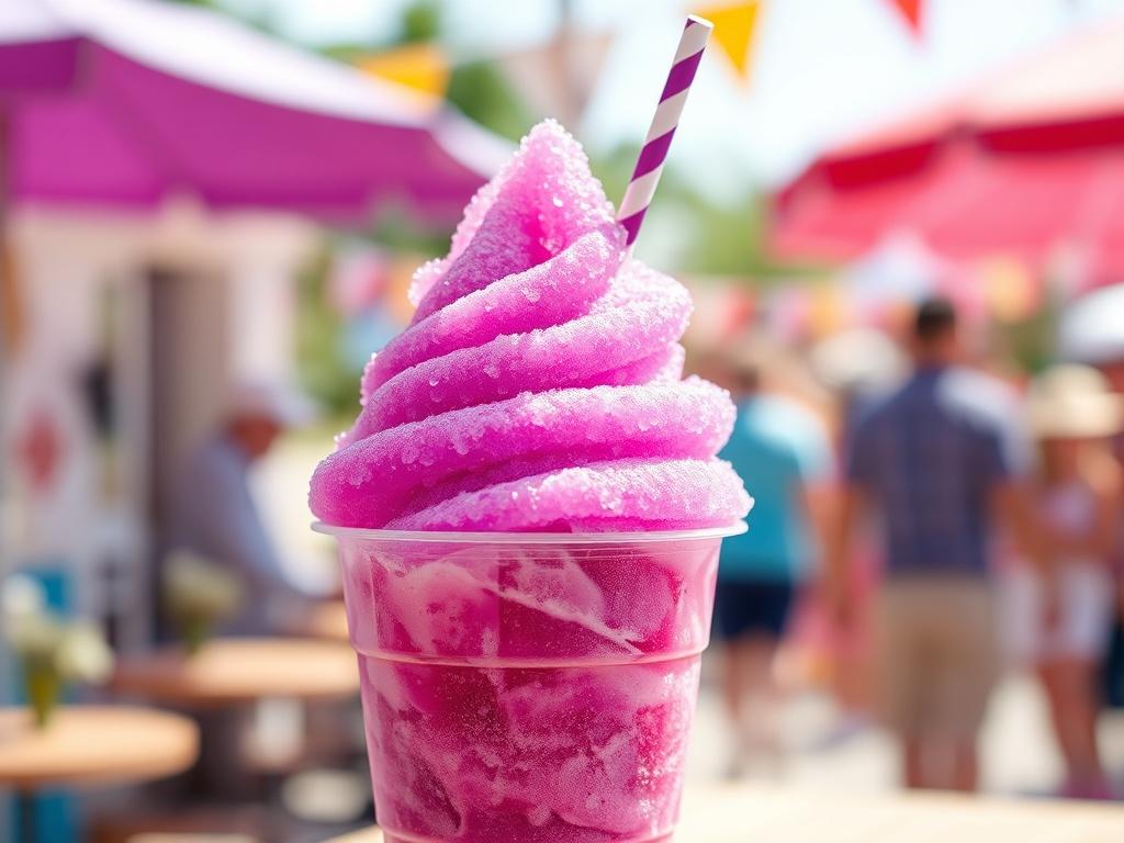 A photorealistic, high-resolution image of a vibrant purple Grape snow cone in a clear cup. The snow cone should be piled high, glistening with ice crystals, and topped with a colorful paper straw. The background should be a sunny outdoor setting, with blurred hints of a community event, like a picnic or fair, to evoke a sense of joy and nostalgia.
