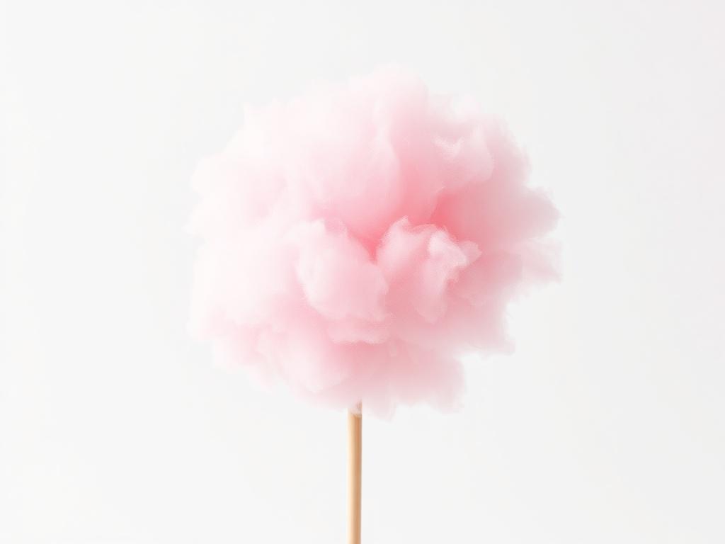 A realistic high-resolution photo of fluffy, pink fairy floss on a stick, set against a clean white background. The fairy floss should appear airy and light, showcasing its delicate texture. The image should focus on the vibrant pastel colors of the fairy floss, capturing the essence of sweetness and nostalgia. Minimal distractions in the background to emphasize the subject.