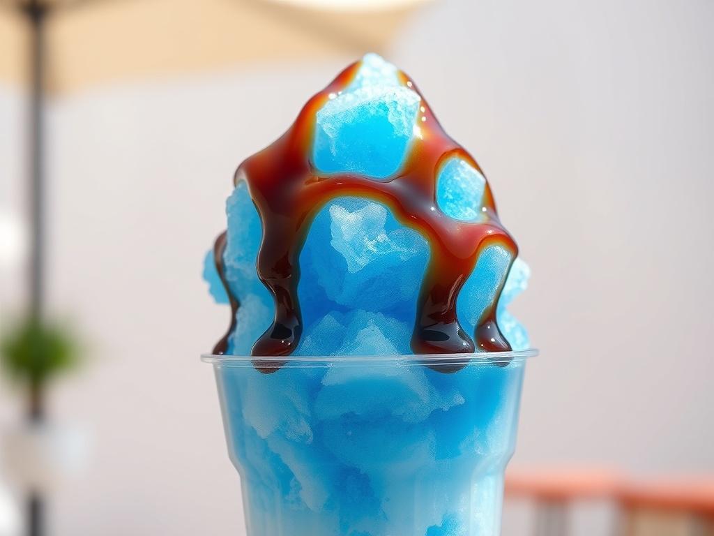 A realistic high-resolution image of a snow cone in a clear cup filled with vibrant blue and white ice, topped with a rich cola syrup. The background is simple and clean, with a hint of a sunny outdoor event setting, showcasing the snow cone as the main subject. The focus is on the texture of the ice and the glossy syrup, making it look delicious and refreshing.