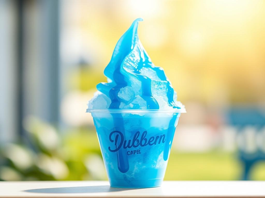 A realistic high-resolution photo of a Blue Lemonade snow cone, featuring vibrant blue syrup drizzled over finely shaved ice, served in a classic paper cone cup. The background is a soft-focus outdoor setting with bright sunlight, emphasizing the refreshing and fun nature of the snow cone. The image should highlight the texture of the ice and the glossy sheen of the syrup, making it look irresistible and inviting.