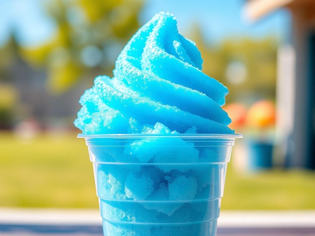 A realistic high-resolution photo of a vibrant blue bubble gum snow cone in a clear plastic cup. The snow cone is fluffy and piled high, showcasing the bright blue color. The background is a sunny outdoor setting with soft focus, featuring hints of green grass and a clear blue sky. The image should capture the refreshing and fun essence of the snow cone, emphasizing its playful nature.