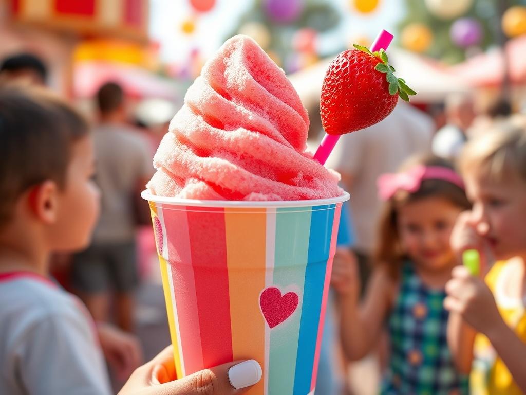 A delicious strawberry snow cone in a colorful cup with