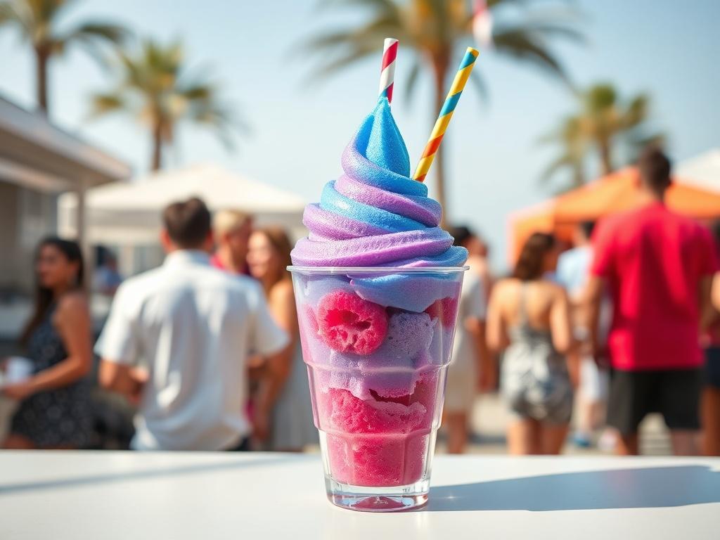 A vibrant blue raspberry snow cone in a clear cup,