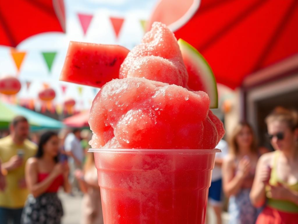 A mouthwatering watermelon snow cone in a clear cup, garnished