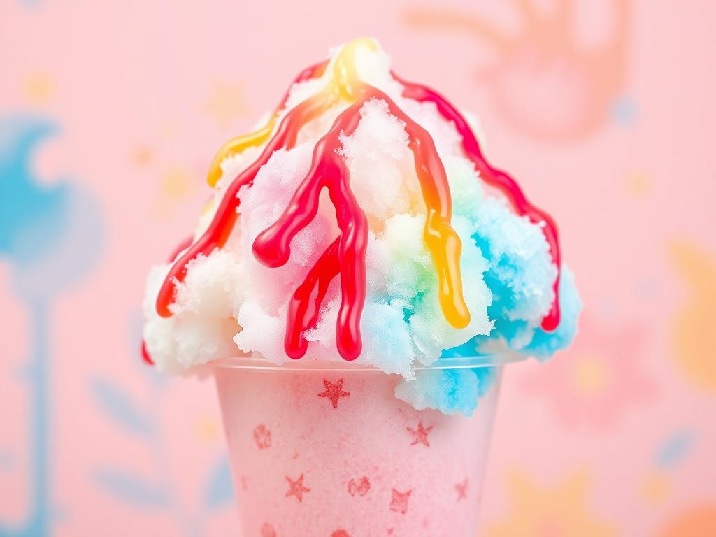 A vibrant fairy floss snow cone, showcasing fluffy shaved ice