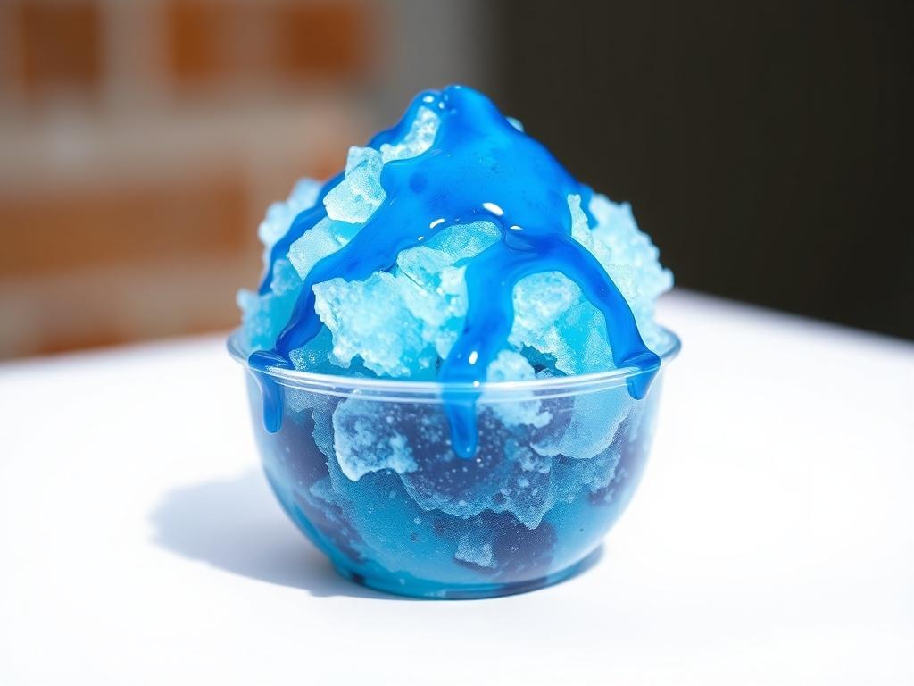 A close up of a blue raspberry snow cone, showcasing