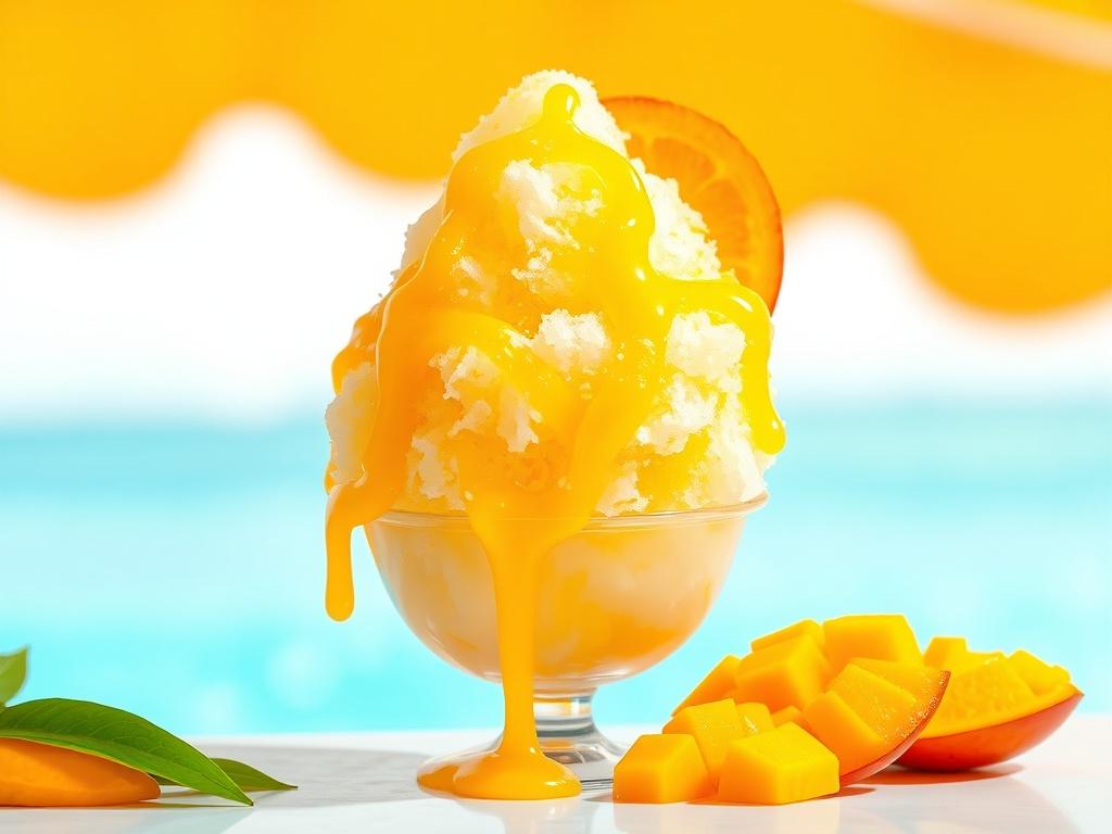 A beautifully arranged mango snow cone, featuring finely shaved ice