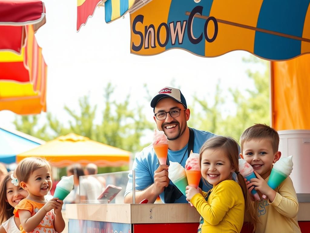 A vibrant outdoor market scene with colorful tents and happy