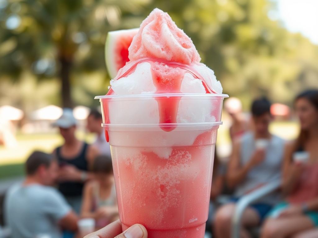 A realistic high-resolution photo of a Watermelon snow cone in a clear plastic cup, topped with a vibrant pink watermelon syrup. The snow cone should be fluffy and icy, with a slice of fresh watermelon on the rim of the cup. The background should be a sunny outdoor setting, with soft focus on people enjoying their snow cones in a park.