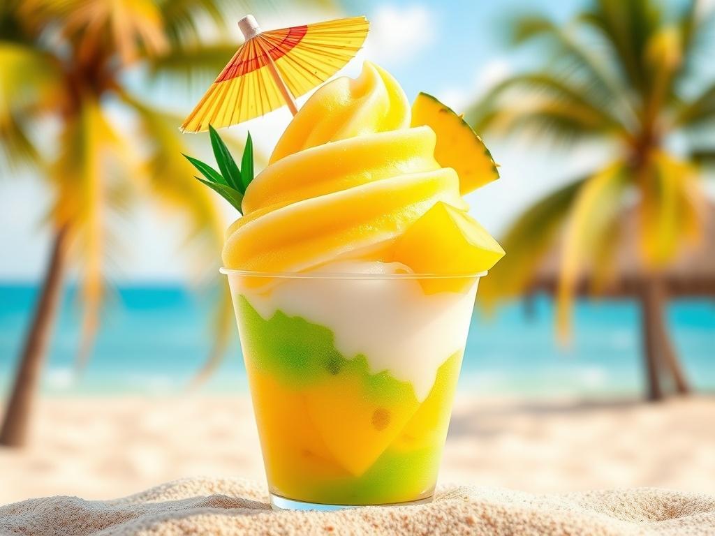 A high-resolution, photorealistic image of a Tropical snow cone, featuring vibrant yellow mango, white coconut, and bright green pineapple flavors layered in a clear cup. The snow cone is topped with a slice of fresh pineapple and a small umbrella. The background should be a soft-focus sandy beach scene with a blue ocean and palm trees, evoking a tropical paradise. The colors should be bright and cheerful, enhancing the refreshing feel of the snow cone.