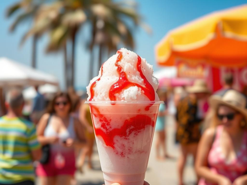 A realistic high-resolution photo of a Strawberry snow cone in a clear cup, with vibrant red strawberry syrup glistening on top of fluffy white ice. The background should be a sunny outdoor event scene, with blurred people enjoying their snow cones and a festive atmosphere, showcasing the fun and enjoyment of summer treats.
