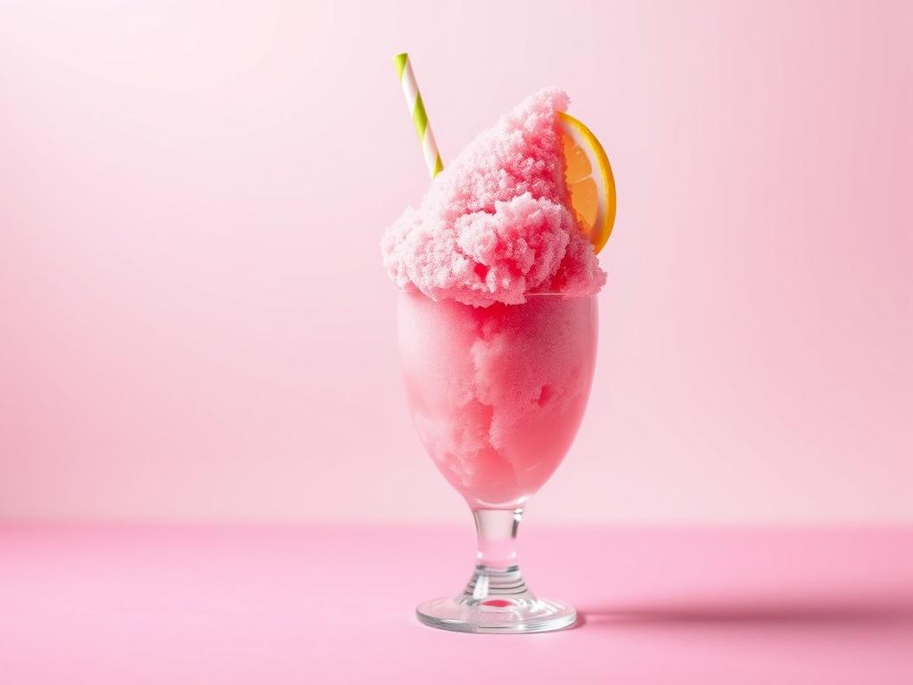 A realistic high-resolution photo of a pink lemonade snow cone, featuring a bright pink texture, served in a clear cup with a colorful straw. The background should be minimalistic, focusing on the snow cone, with vibrant colors to emphasize the refreshing nature of the treat.
