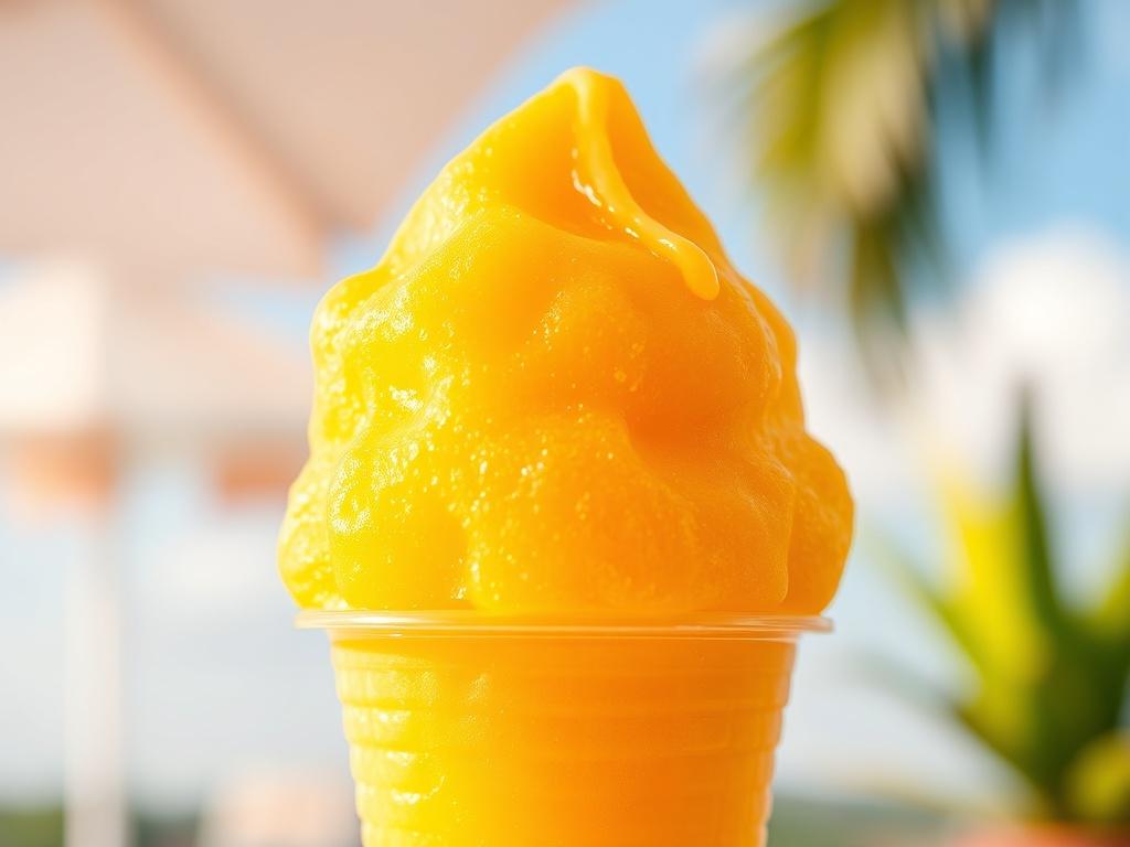 A realistic high-resolution photo of a Mango snow cone, showcasing its vibrant yellow-orange color and smooth texture. The snow cone is served in a clear plastic cup, topped with a drizzle of syrup. The background should be a sunny outdoor setting, with soft focus on a blue sky and hint of greenery, highlighting the refreshing nature of the treat.