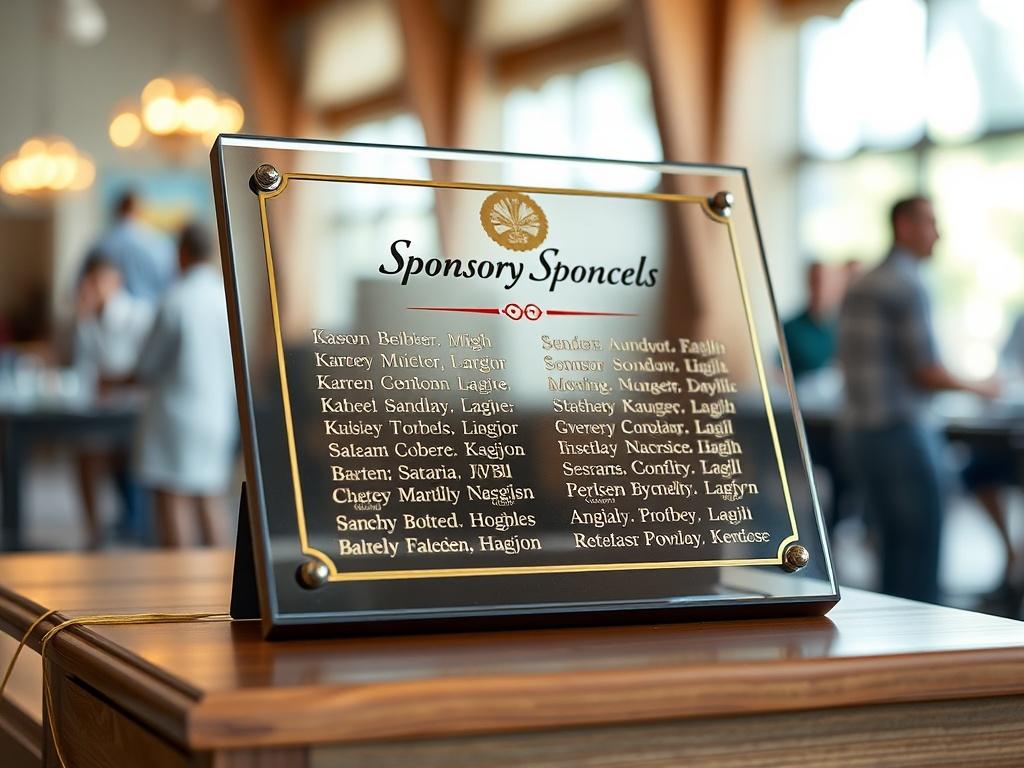 A close-up shot of a beautifully designed sponsorship plaque, engraved with the names of sponsors, placed on a wooden display table. The background should be softly blurred to emphasize the plaque, hinting at a community event setting where sponsors are being acknowledged for their contributions, creating a sense of pride and recognition.