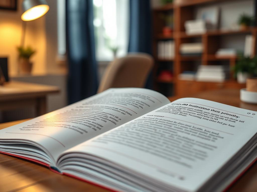 A close-up shot of an open report featuring testimonials from individuals who successfully reintegrated into society, with heartfelt quotes and success stories. The background should be a cozy office setting, with a warm light illuminating the pages, symbolizing hope and transformation through community support.
