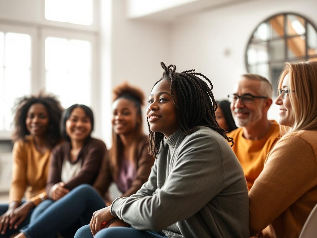 A close-up shot of a diverse group of individuals sitting in a circle, engaged in a life skills workshop, showcasing a supportive and collaborative environment. The background should be bright and inviting, with natural light pouring in through a window, creating a warm atmosphere that emphasizes learning and community. The focus should be on the group's expressions of hope and determination.